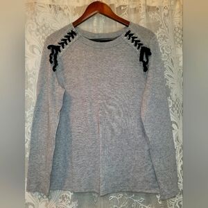 NYC Womens Sz L Heather Gray Soft Sweater Top w/Velvet Lace-Up Detail